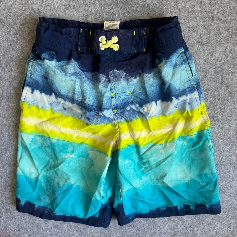 Wonder Nation Boys Tie Dye Wave Swim Trunks M 8 Blue Yellow Recycled Stretch